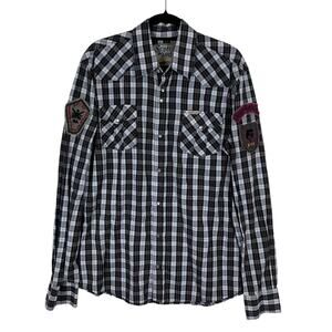 Scotch & Soda Western Pearl Snap Shirt Men's XL Plaid Long Sleeve Cotton Patches